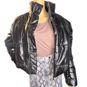 prettylittlething womens Shiny Puffer Jacket Black Large Y2K Cyber Grunge